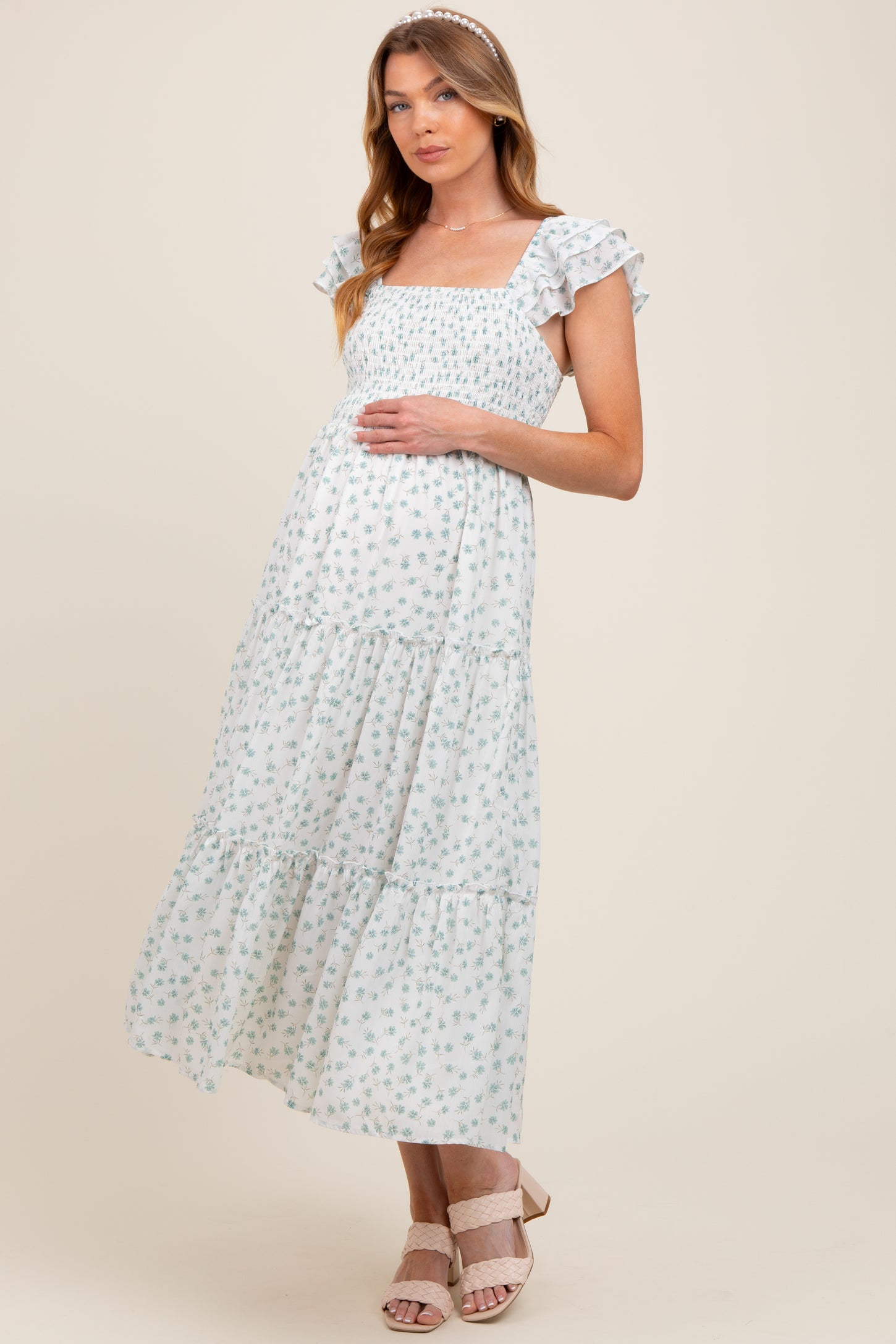 Jade Elegant Chiffon Floral Smocked Maternity Midi Dress