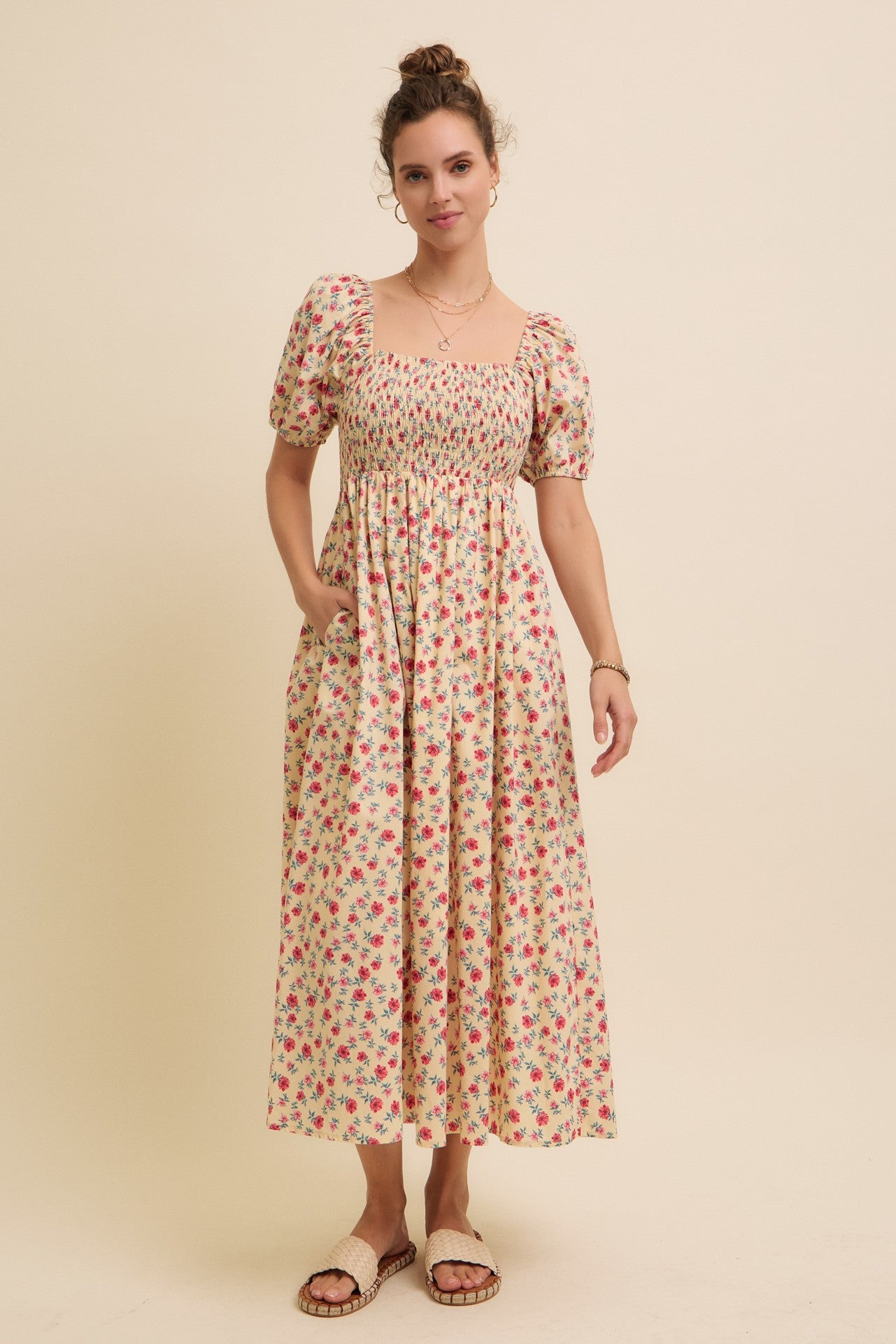 Cream Cotton Poplin Floral Smocked Midi Dress