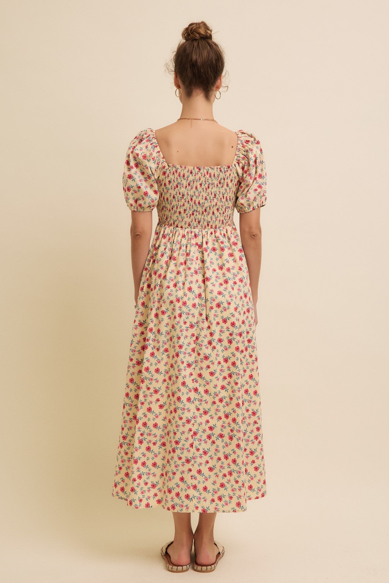 Cream Cotton Poplin Floral Smocked Midi Dress
