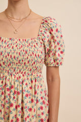 Cream Cotton Poplin Floral Smocked Midi Dress