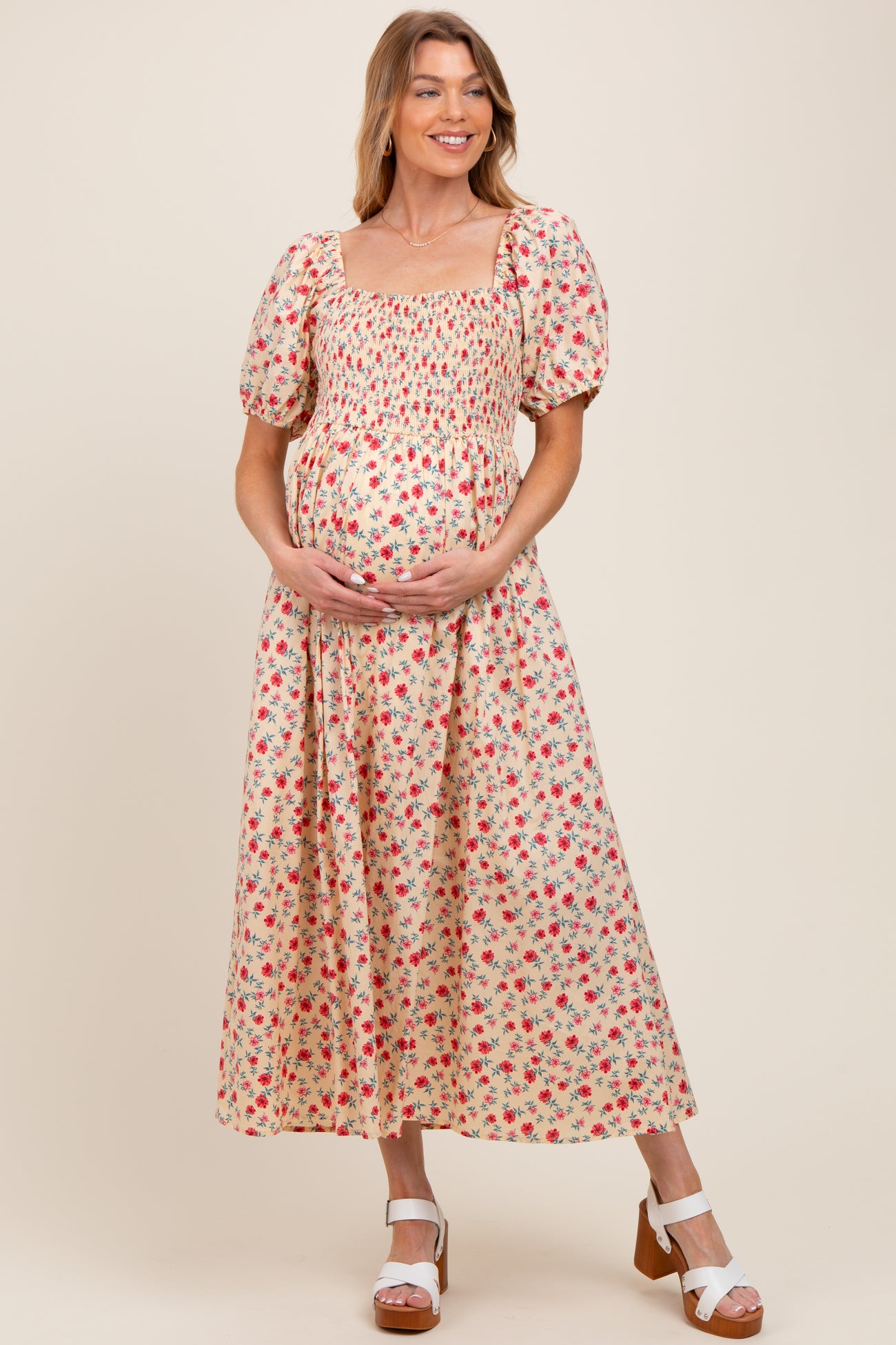 Cream Cotton Poplin Floral Smocked Maternity Midi Dress