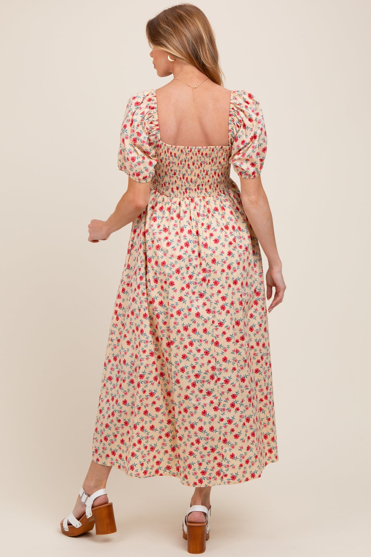 Cream Cotton Poplin Floral Smocked Maternity Midi Dress