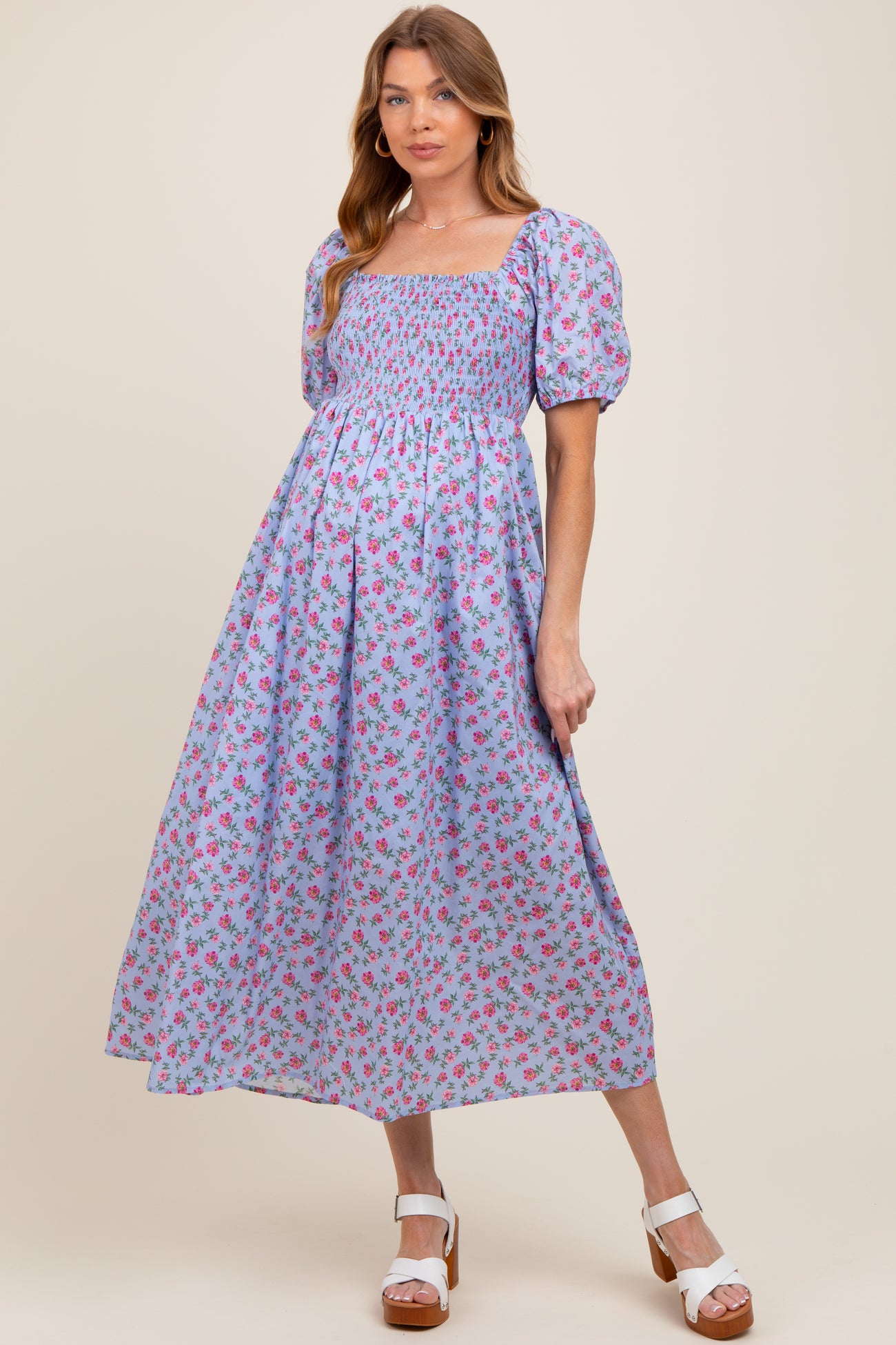 Light Blue Cotton Poplin Floral Smocked Maternity Midi Dress