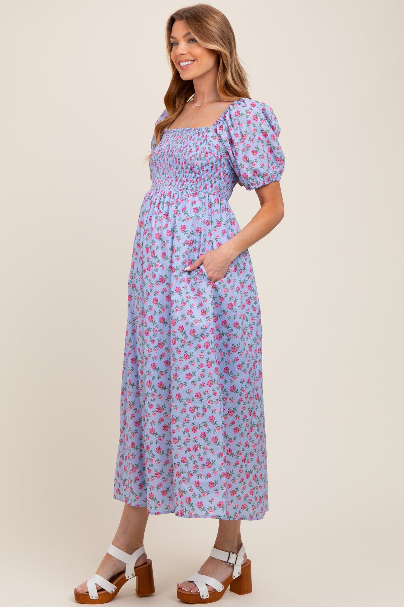 Light Blue Cotton Poplin Floral Smocked Maternity Midi Dress