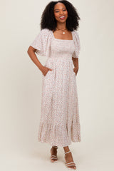 Cream Multi Ditsy Floral Smocked Midi Dress