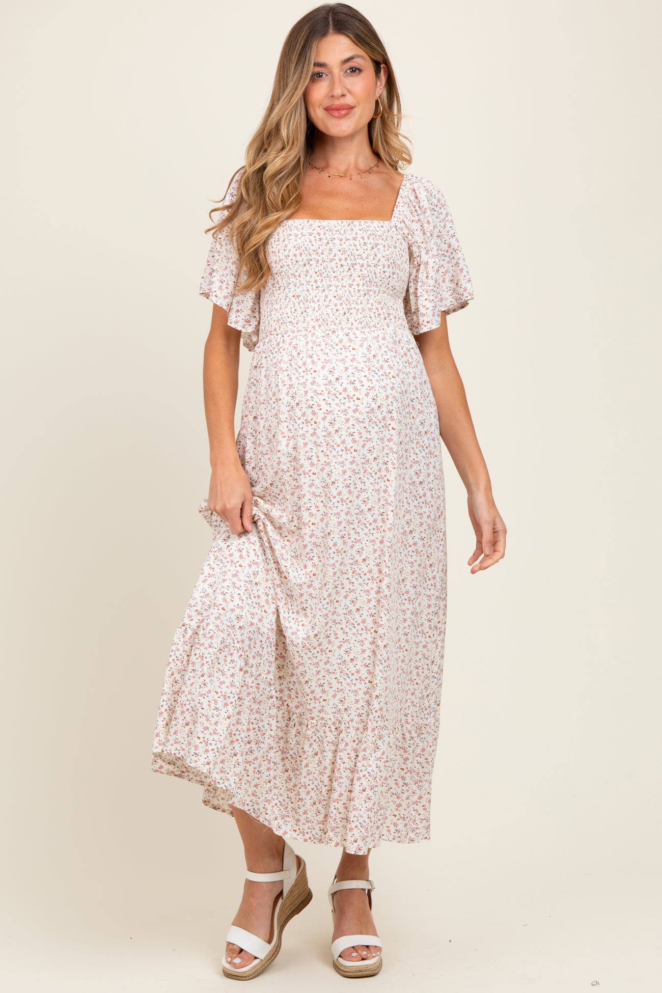 Cream Multi Ditsy Floral Smocked Maternity Midi Dress