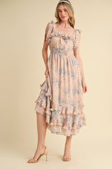 Light Pink Floral Chiffon Pleated Ruffle Midi Dress