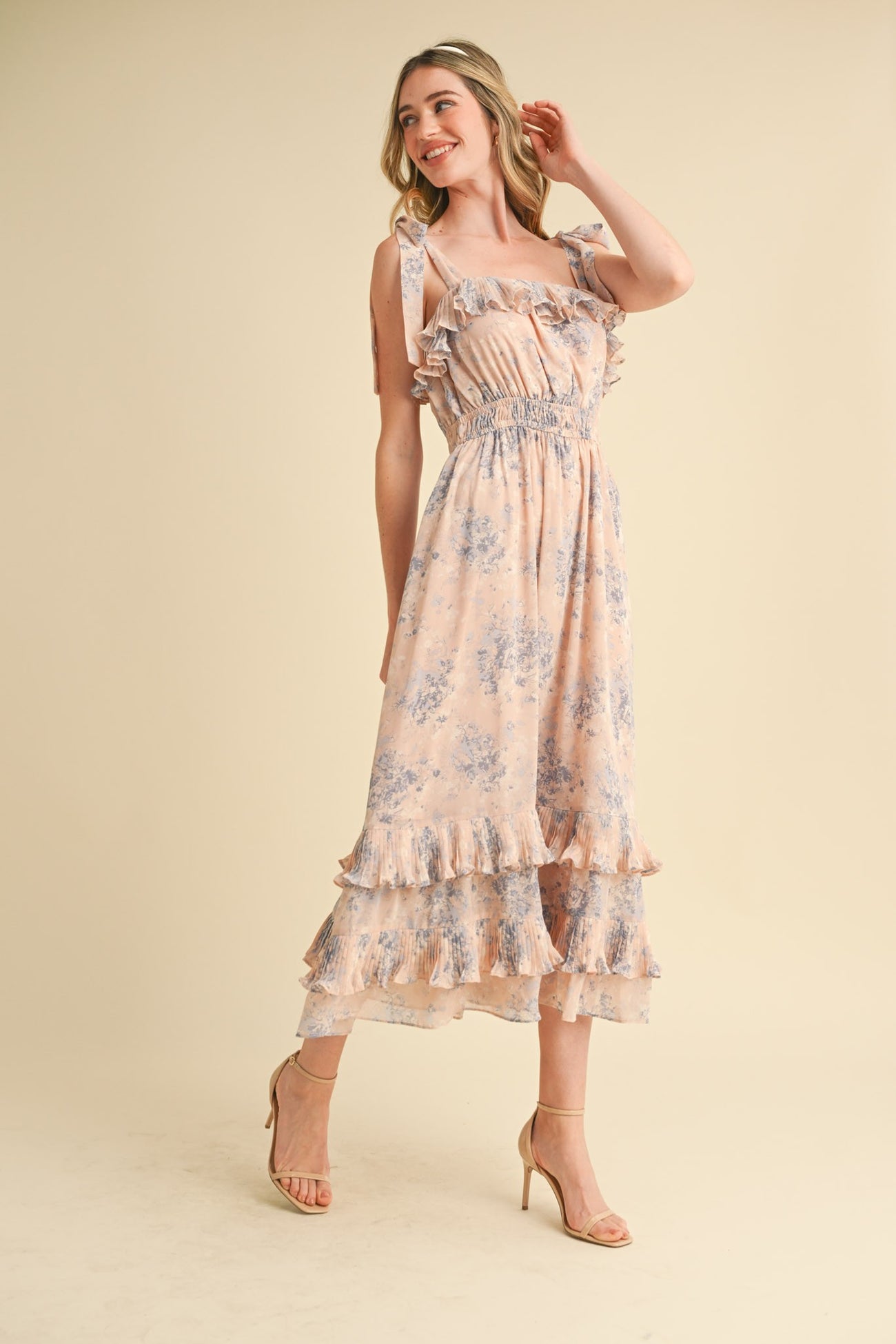 Light Pink Floral Chiffon Pleated Ruffle Midi Dress