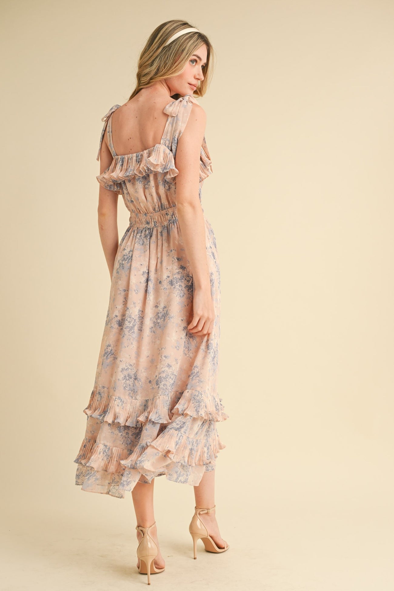 Light Pink Floral Chiffon Pleated Ruffle Midi Dress