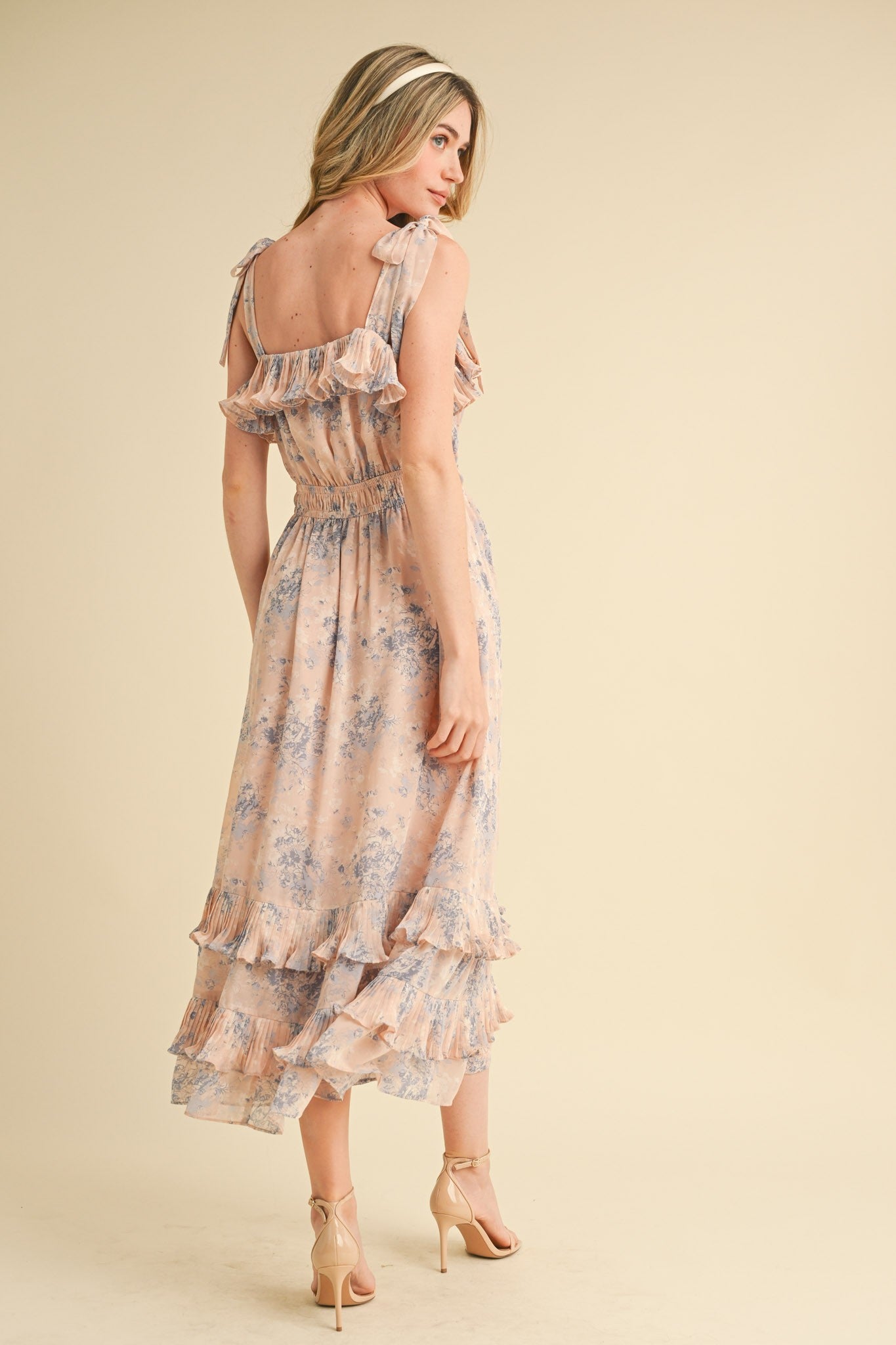 Light Pink Floral Chiffon Pleated Ruffle Midi Dress