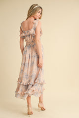 Light Pink Floral Chiffon Pleated Ruffle Midi Dress