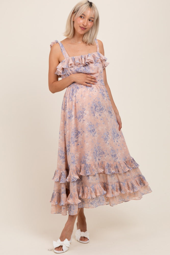 Light Pink Floral Chiffon Pleated Ruffle Maternity Midi Dress