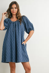 Navy Chambray Jacquard Puff Sleeve Maternity Mini Dress