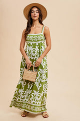 Green Resort Border Print Maxi Dress