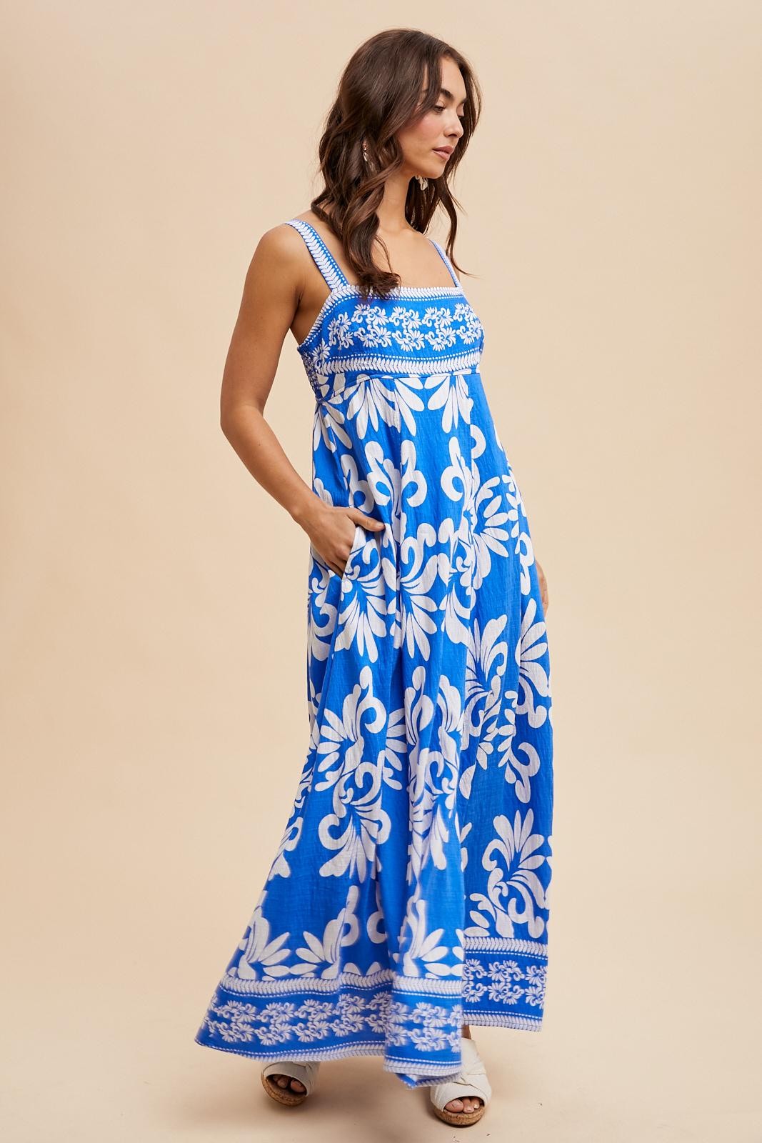 Blue Resort Border Print Maxi Dress
