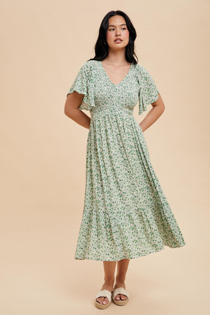 Green Floral Smocked Flutter Sleeve Midi Dress