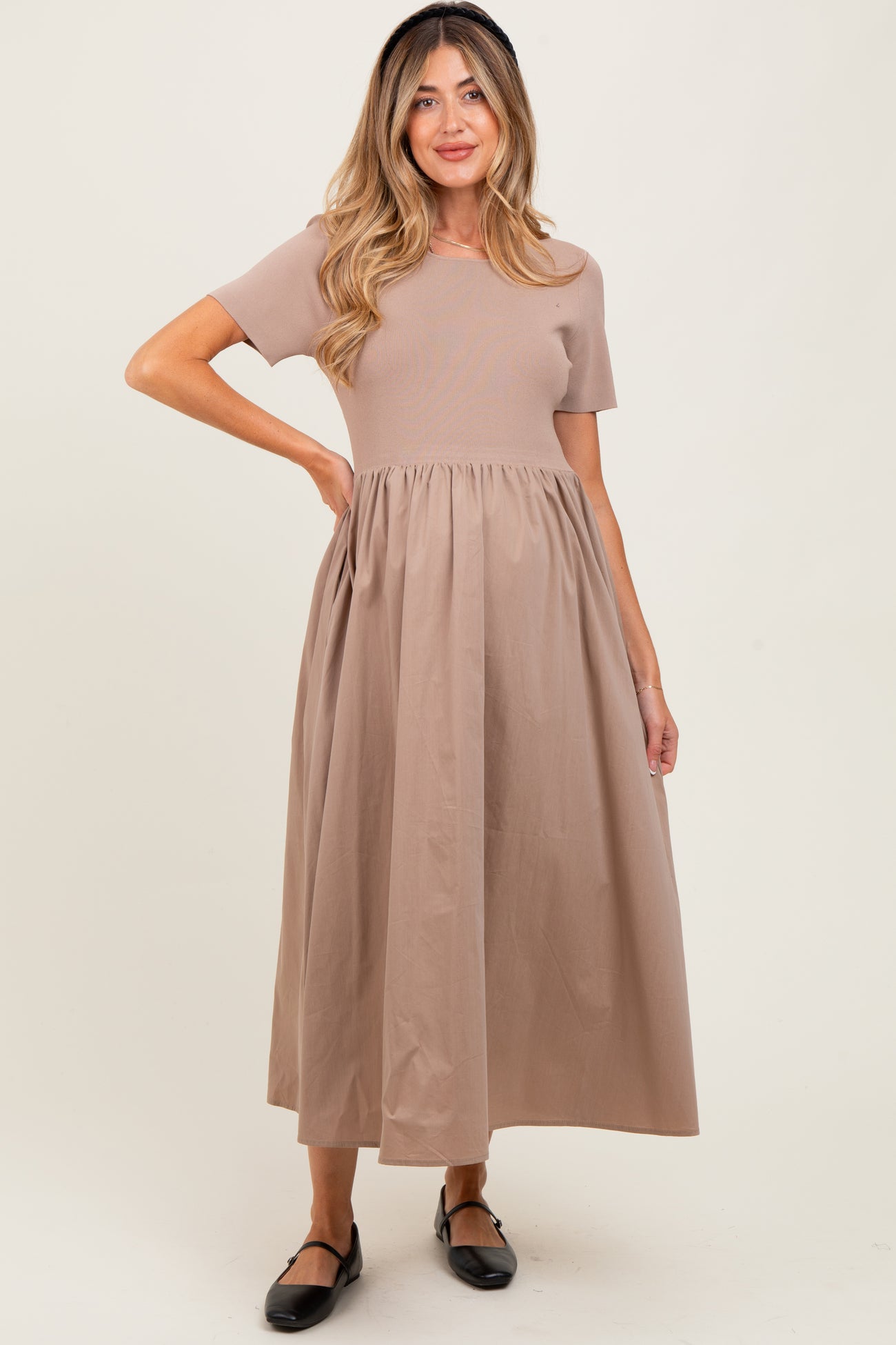 Taupe Solid Maternity Maxi Dress