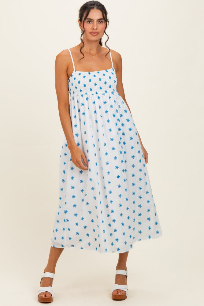 White Floral Smocked Sleeveless Midi Dress