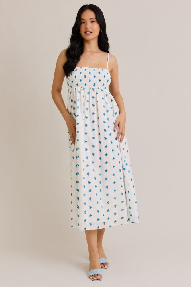 White Floral Smocked Sleeveless Midi Dress