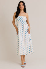 White Floral Smocked Sleeveless Maternity Midi Dress