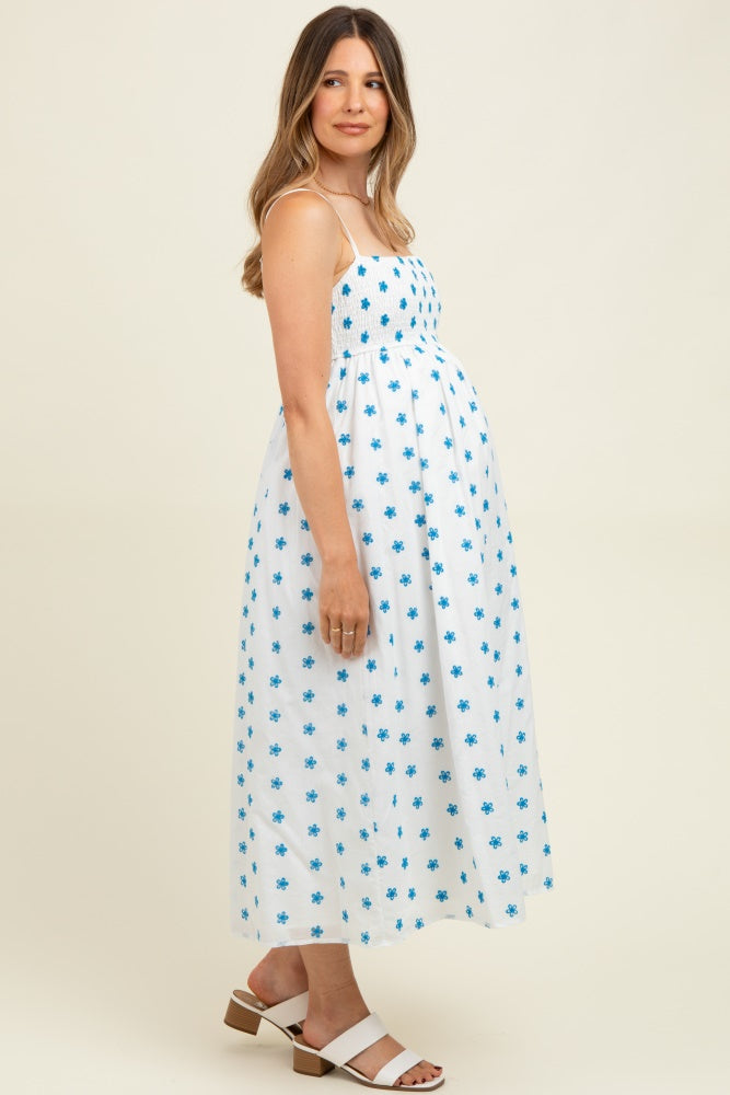 White Floral Smocked Sleeveless Maternity Midi Dress