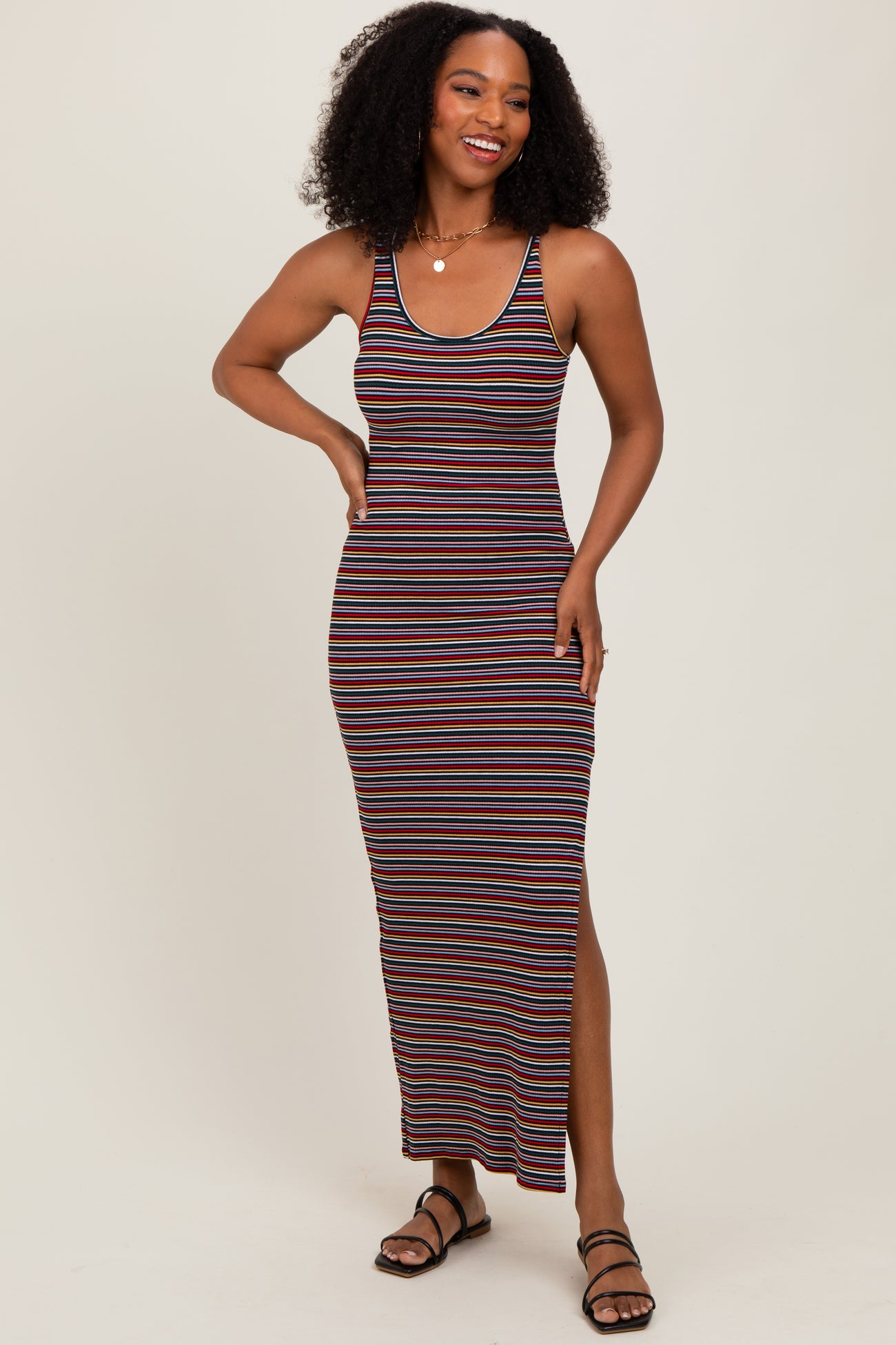Yellow Multicolor Striped Side Slit Maxi Dress