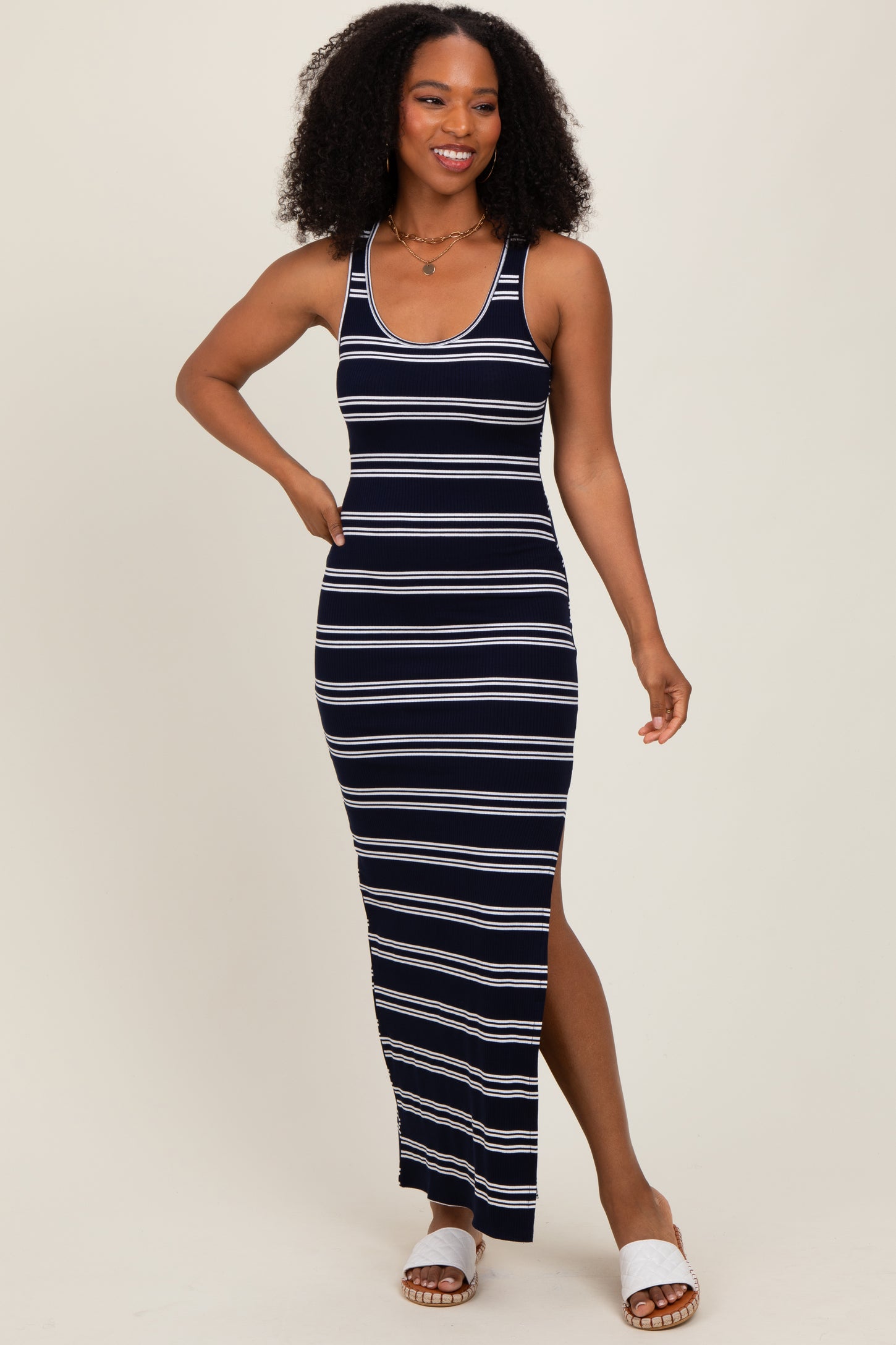 Navy Black Striped Side Slit Maxi Dress