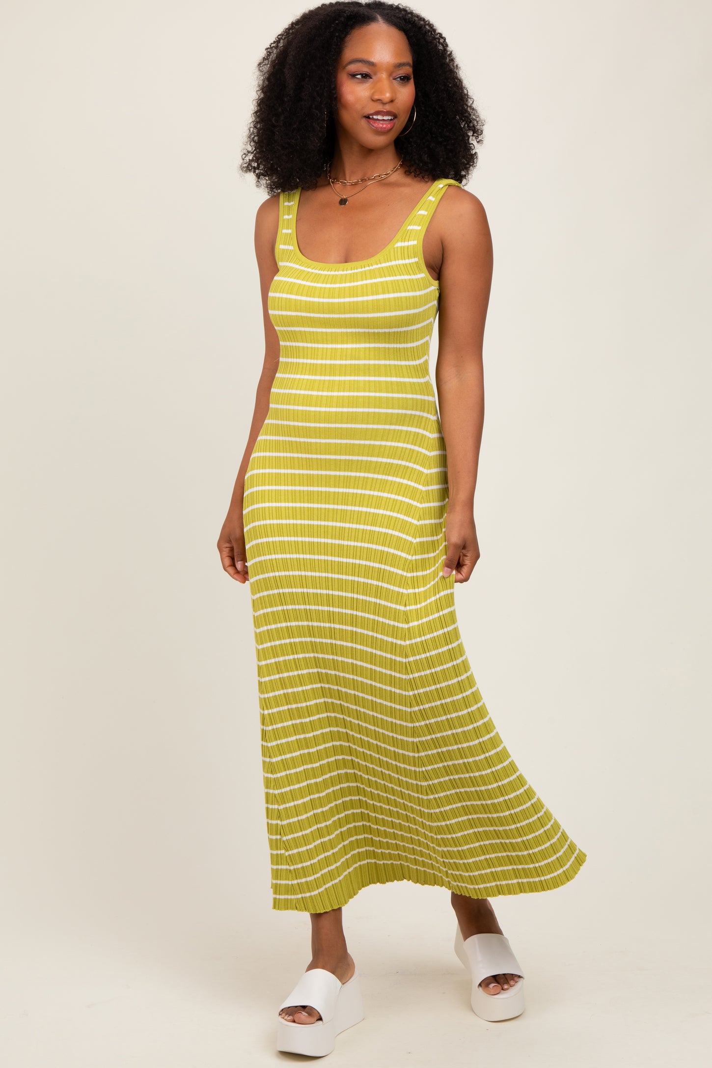 Lime Striped Ribbed Sleeveless Maxi Dress