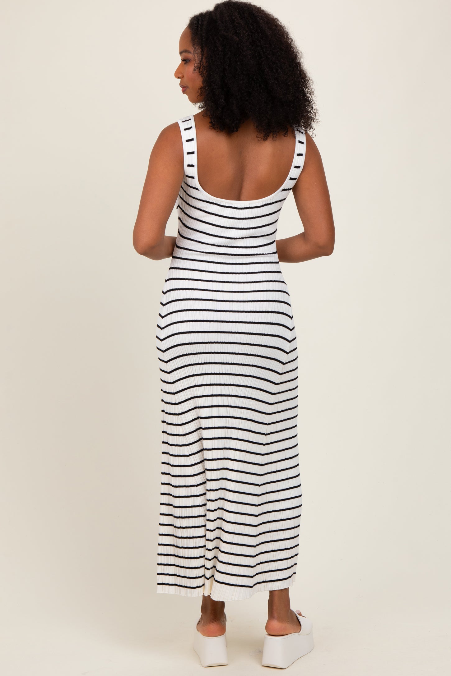 White Striped Ribbed Sleeveless Maxi Dress