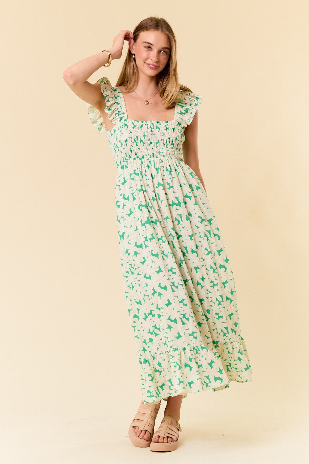 Green Floral Print Smocked Ruffle Sleeve Maternity Maxi Dress