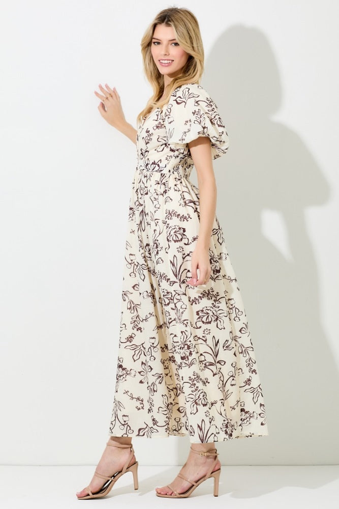 Cream Floral Puff Sleeve Pleated Bodice Maxi Dress