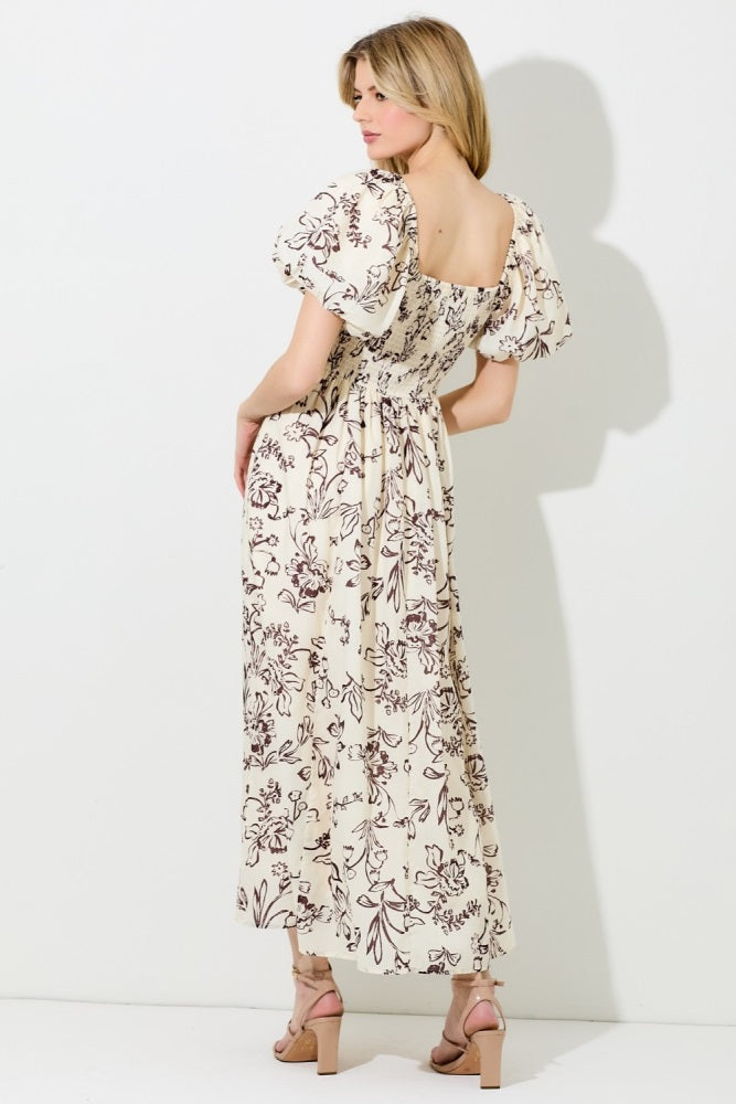 Cream Floral Puff Sleeve Pleated Bodice Maxi Dress