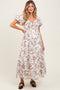 Cream Floral Puff Sleeve Pleated Bodice Maternity Maxi Dress