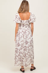 Cream Floral Puff Sleeve Pleated Bodice Maternity Maxi Dress