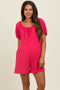 Fuchsia Button Up Front Tie Puff Sleeve Maternity Romper