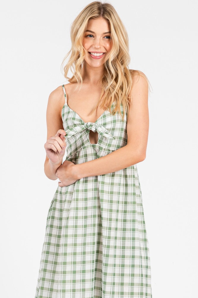 Green Checkered Plaid Front Tie Sleeveless Midi Dress