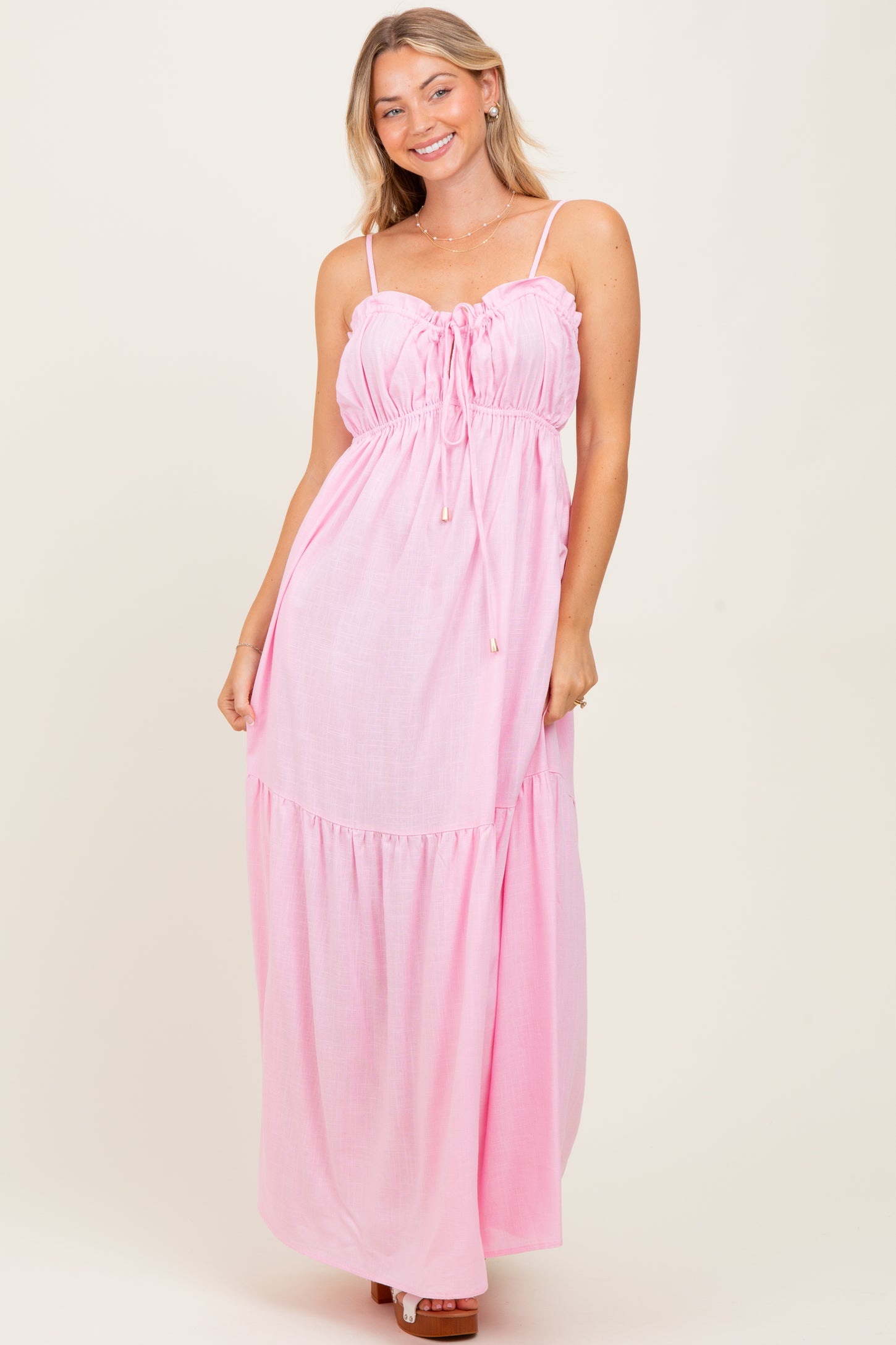 Light Pink Gathered Front Tie Maxi Dress