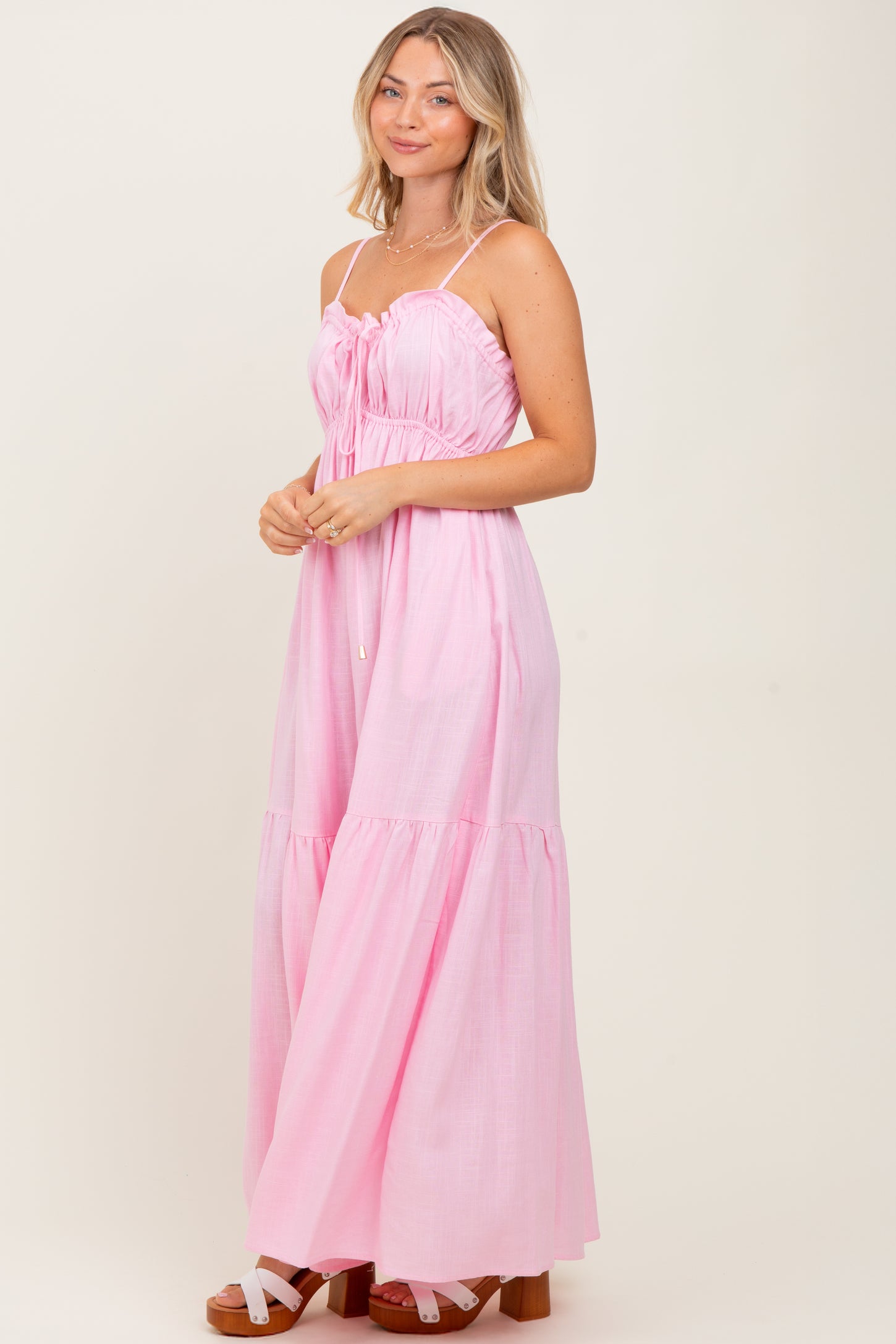 Light Pink Gathered Front Tie Maxi Dress