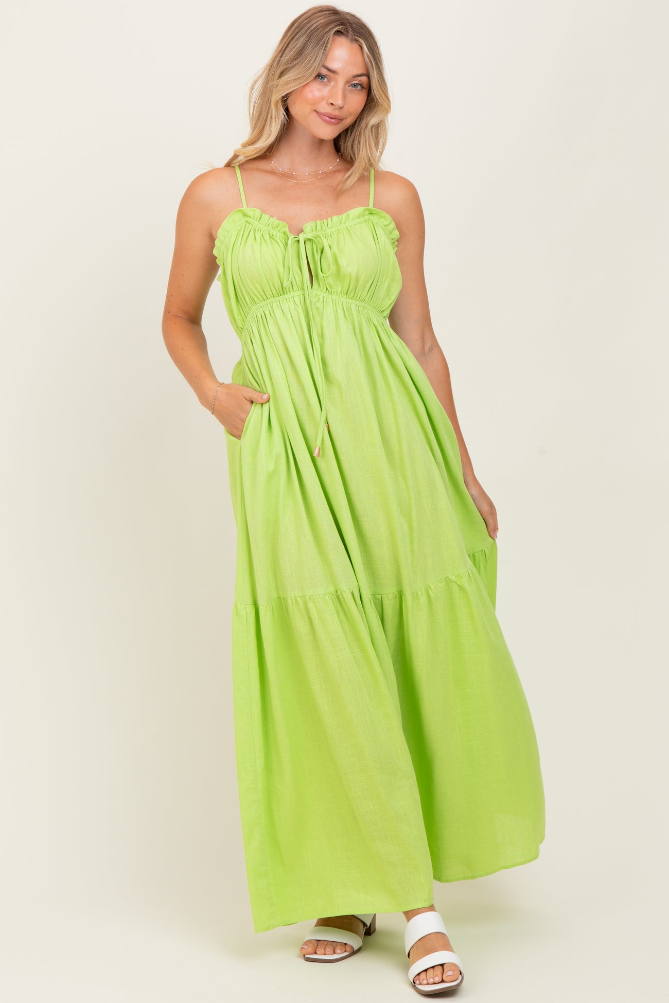 Lime Gathered Front Tie Maternity Maxi Dress