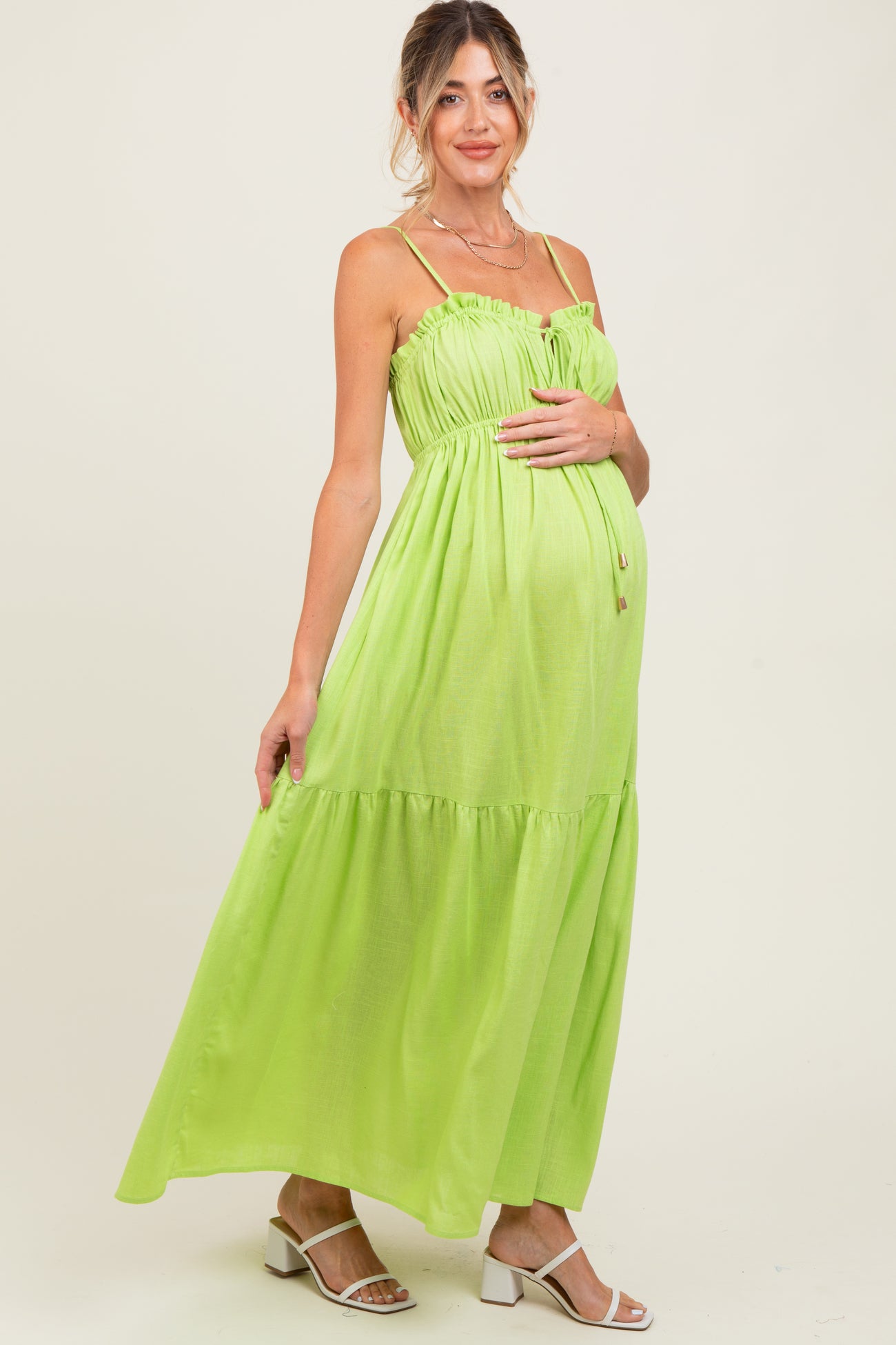 Lime Gathered Front Tie Maternity Maxi Dress