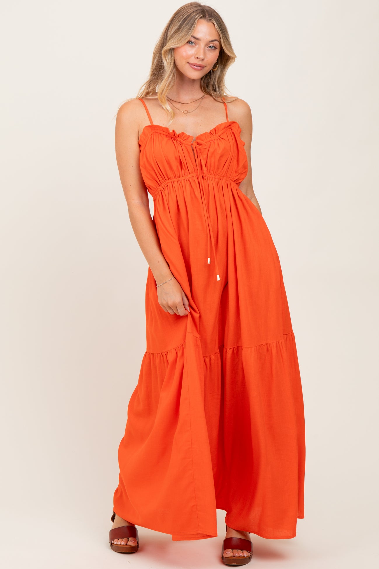 Orange Gathered Front Tie Maternity Maxi Dress