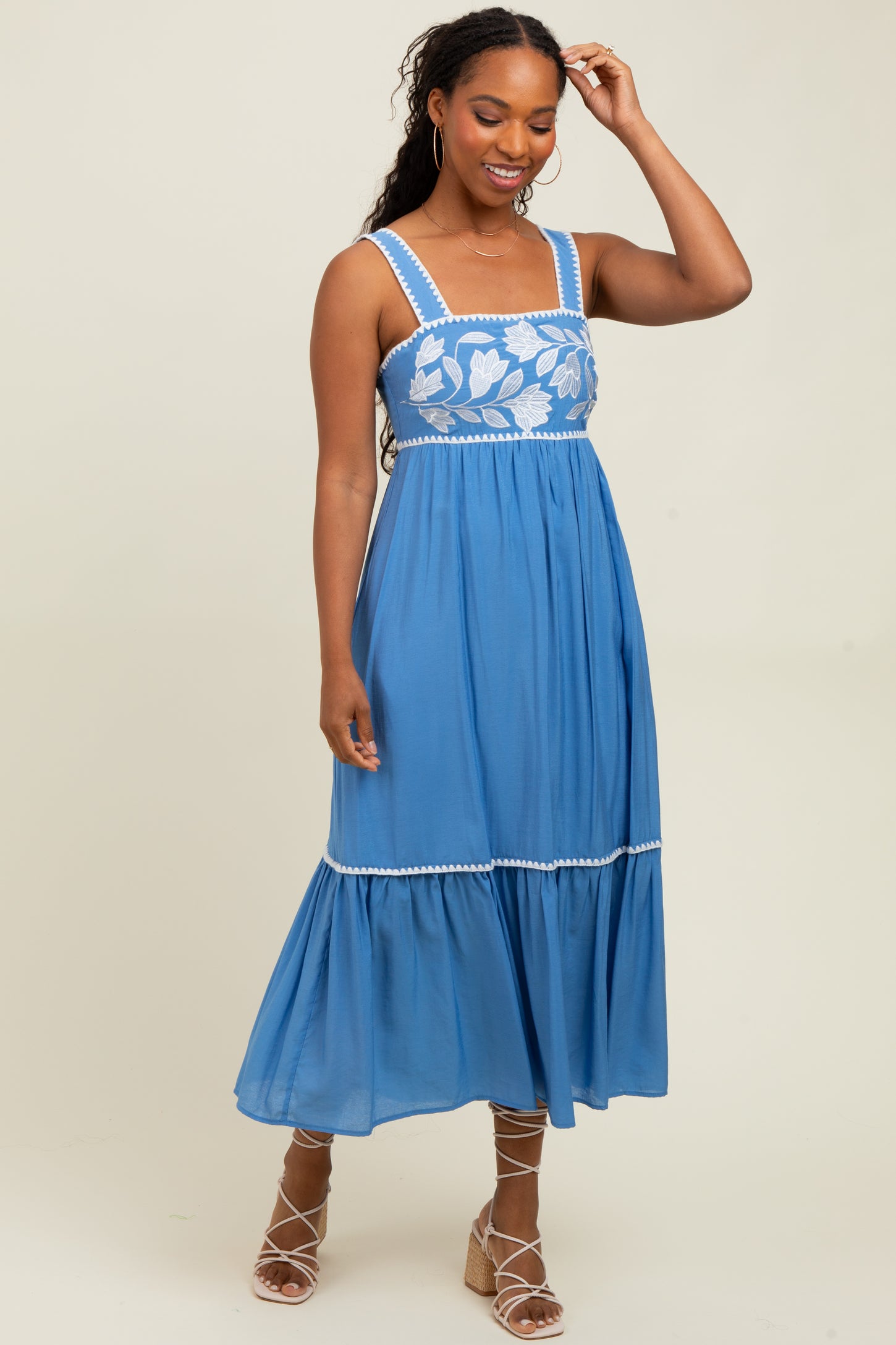 Blue Floral Embroidered Cutout Tie Back Midi Dress
