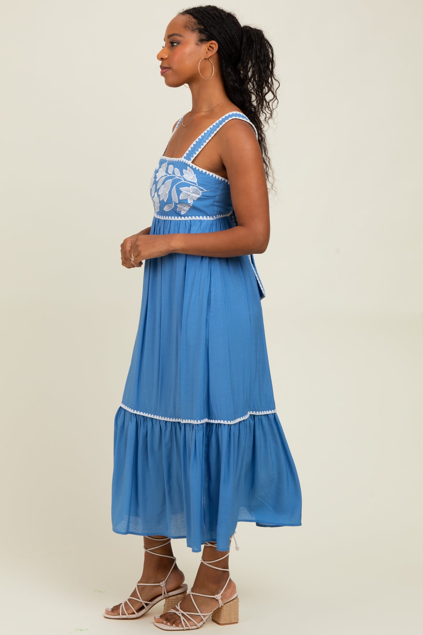 Blue Floral Embroidered Cutout Tie Back Midi Dress