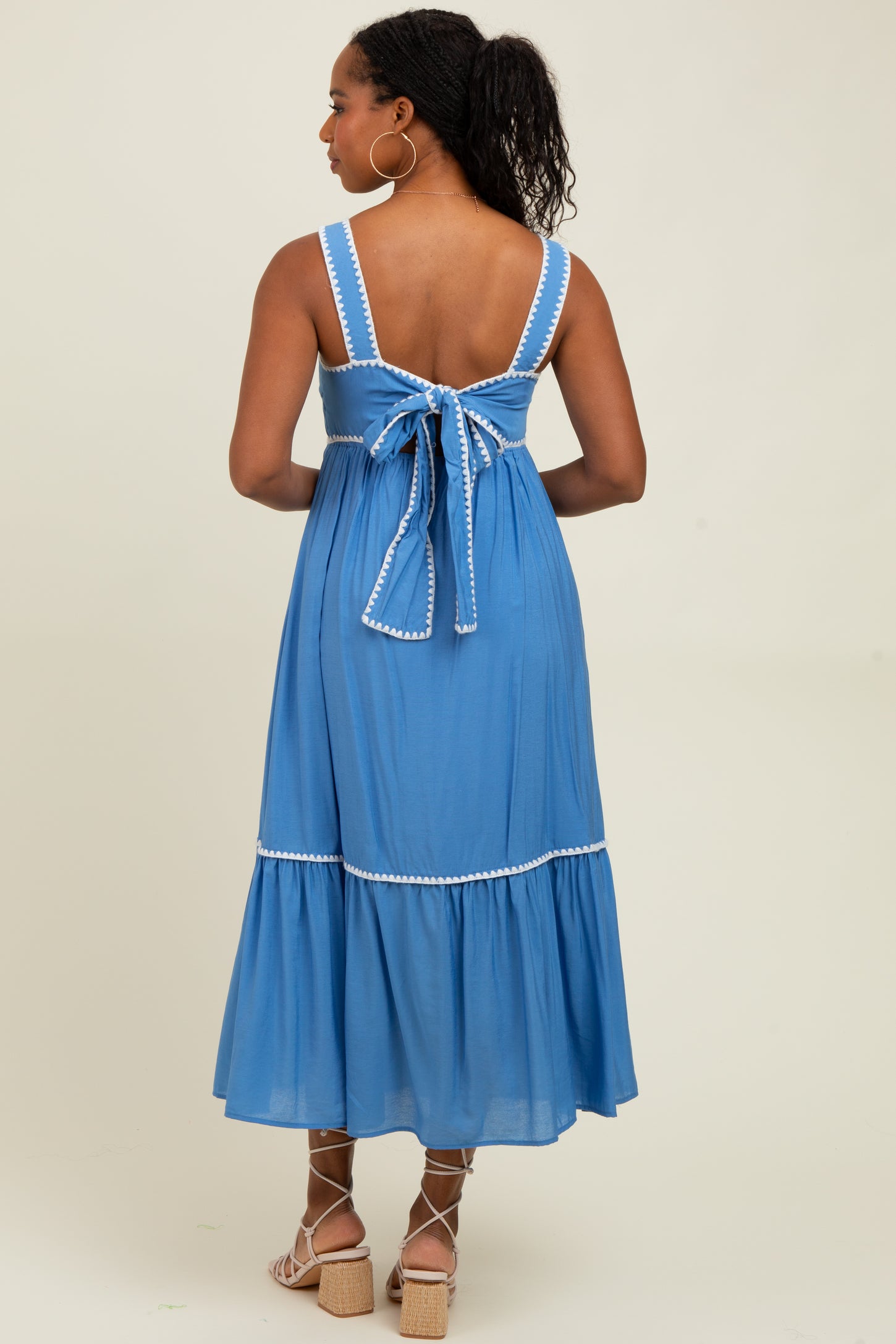 Blue Floral Embroidered Cutout Tie Back Midi Dress