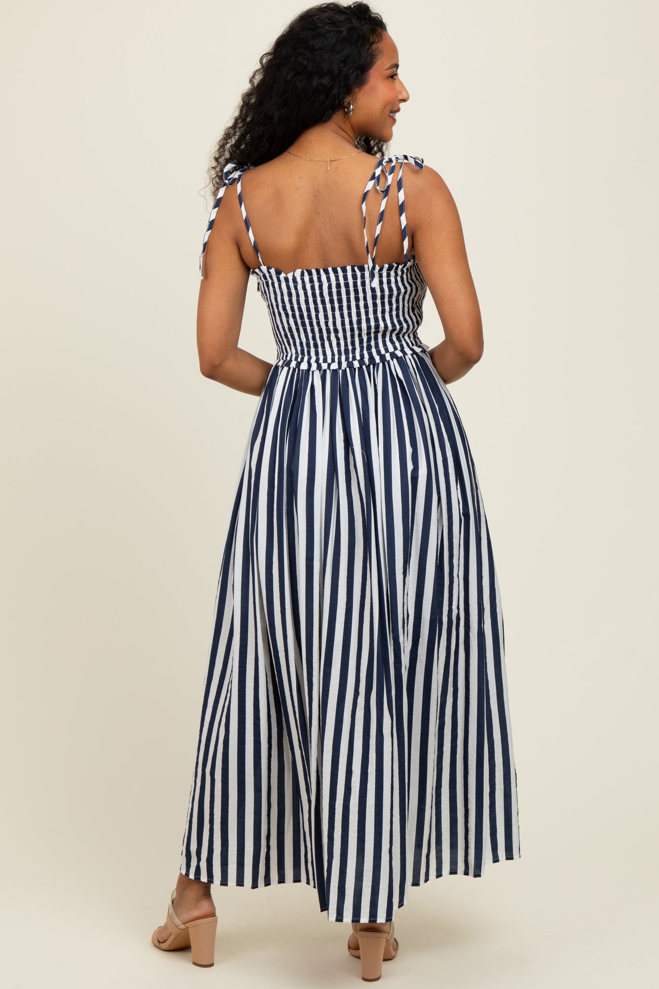 Navy Striped Smocked Shoulder Tie Midi Dress