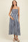 Navy Striped Smocked Shoulder Tie Maternity Midi Dress