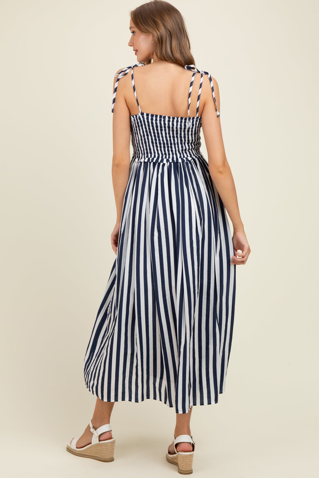 Navy Striped Smocked Shoulder Tie Maternity Midi Dress