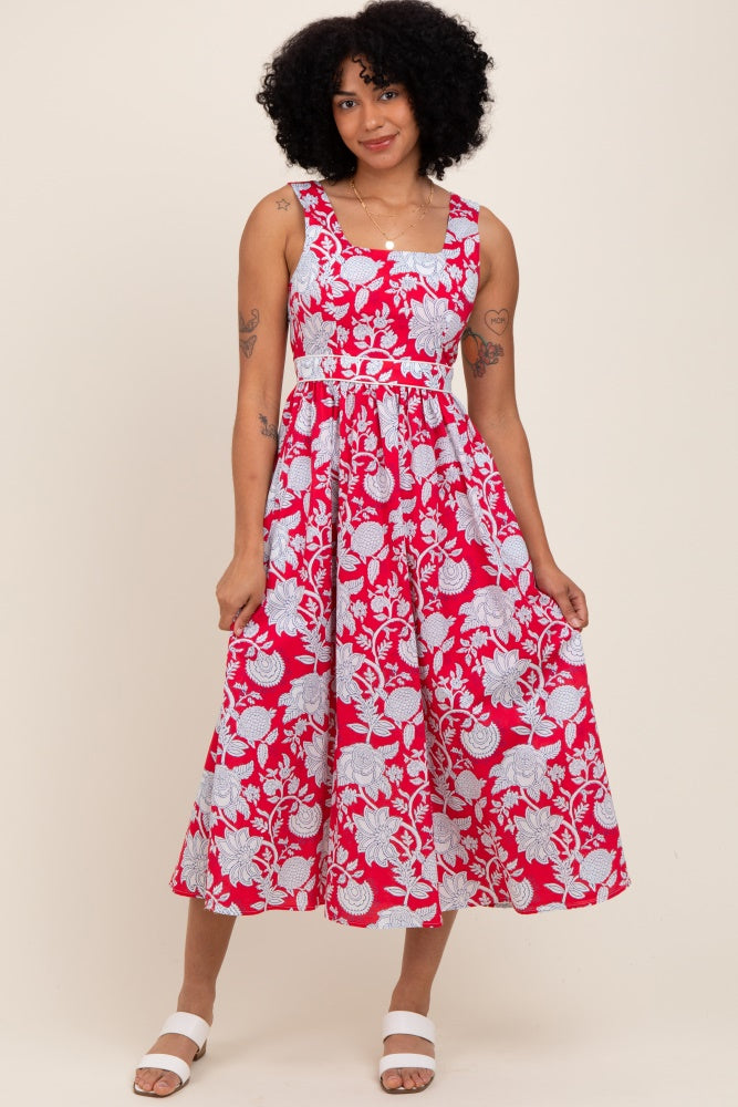Red Floral Square Neck Sleeveless Maternity Midi Dress