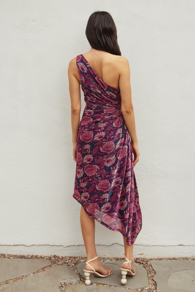 Magenta Floral One Shoulder Asymmetrical Midi Dress