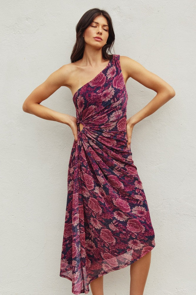 Magenta Floral One Shoulder Asymmetrical Midi Dress